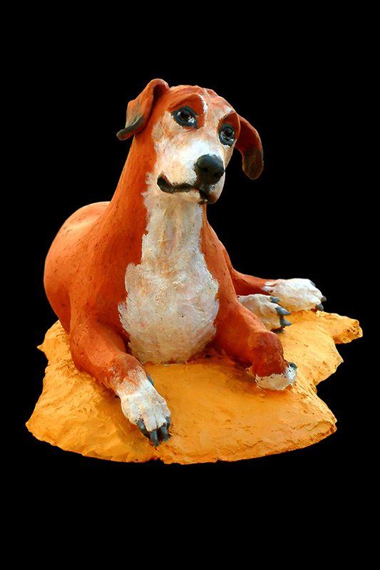 Chien en  terre cuite peinte sculpteur Olivier delobel